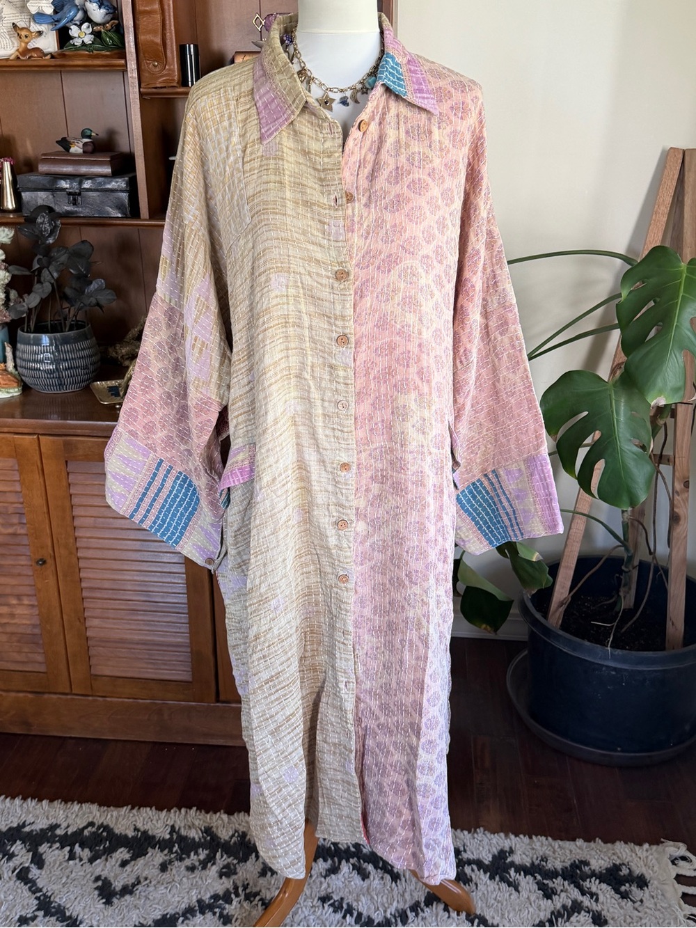 Kantha Bae Free To Be Maxi Long Sleeve Button-Up Duster Dress Top Silk - Pastels